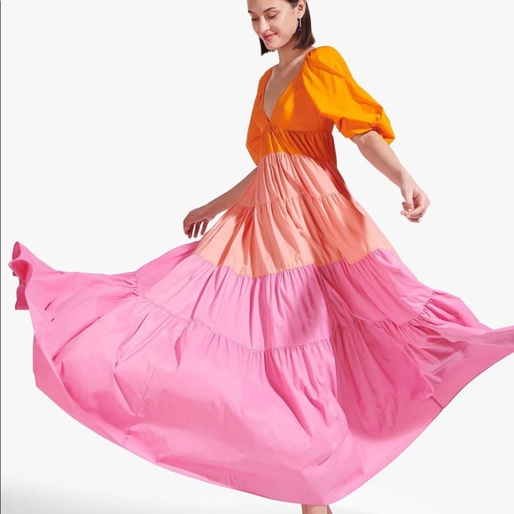 STAUD | NWT!! Pink Meadow Tiered Crepe De Chine Maxi Dress size: XS - Picture 4 of 12